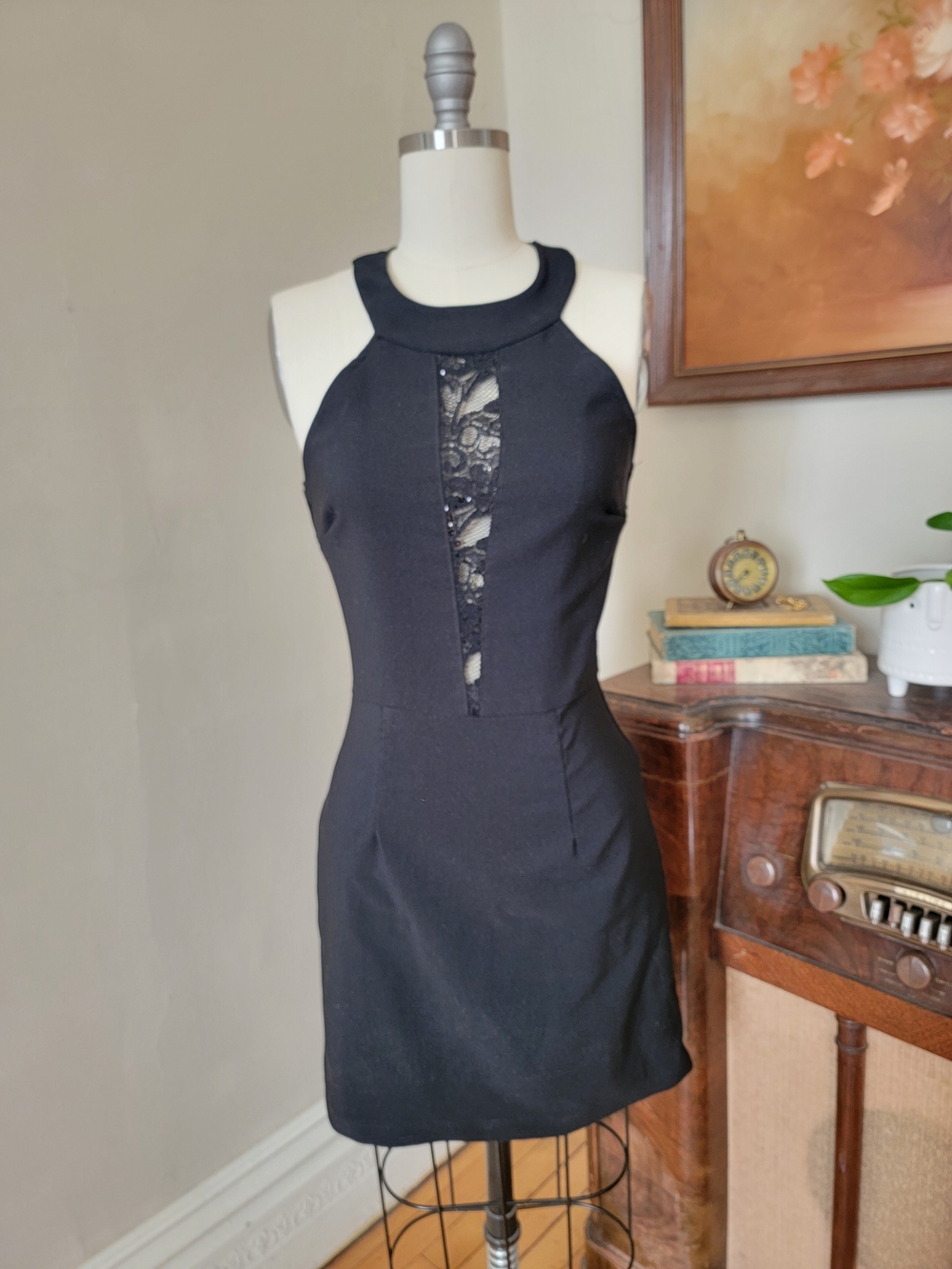 Y2k Deb Black Halter Mini Fitted Dress with Lace Sequin Small